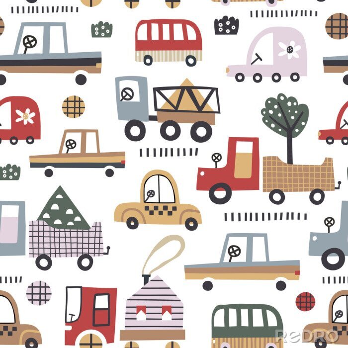 Tapete Baby seamless pattern with cute car. Perfect for kids fabric, textile, nursery wallpaper. Vector Illustration in scandinavian style.