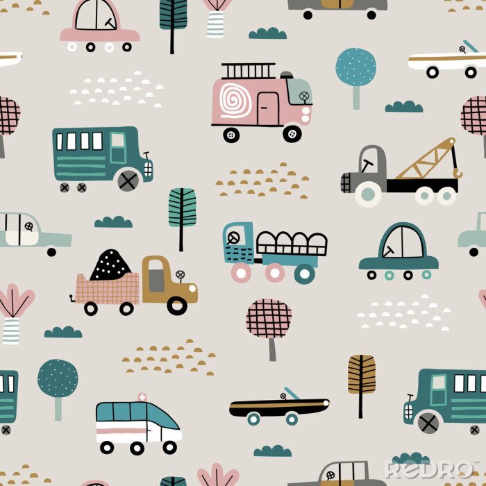 Tapete Baby seamless pattern with cute cars. Perfect for kids fabric, textile, nursery wallpaper. Cute vector illustration in scandinavian style.