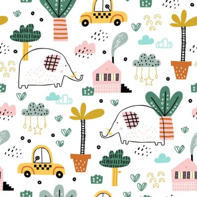 Baby seamless pattern with cute elephants, cars, clouds and tropical plants. Vector texture in childish style great for fabric and textile, wallpapers, backgrounds. Pastel colors.