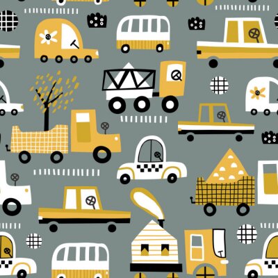 Tapete Baby seamless pattern with hand drawn cute car. Perfect for kids fabric, textile, nursery wallpaper. Vector seamless pattern with doodle toy cars.