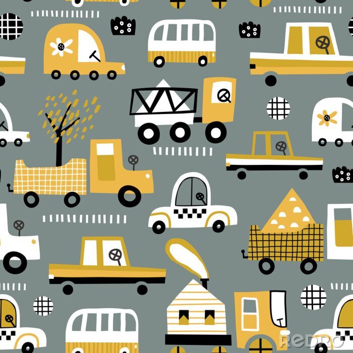 Tapete Baby seamless pattern with hand drawn cute car. Perfect for kids fabric, textile, nursery wallpaper. Vector seamless pattern with doodle toy cars.