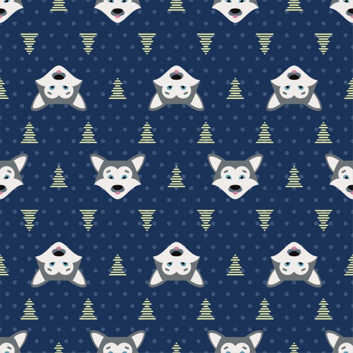 Tapete Babywölfe und Weihnachtsbäume auf marineblauem Hintergrund