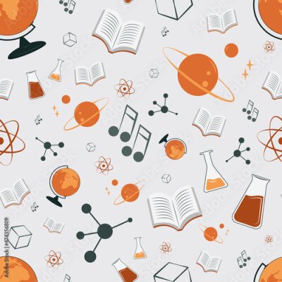 Tapete Back To School seamless pattern with education supplies or stationery on light background. Colorful hand drawn vector illustration in realistic style for wrapping paper, wallpaper, backdrop.