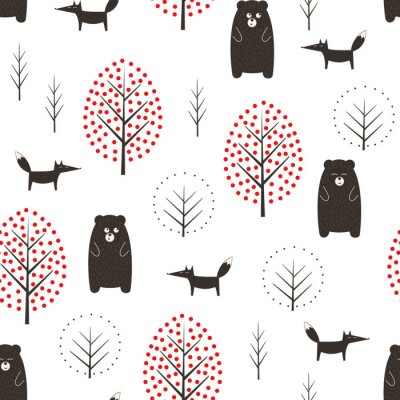 Tapete Bär, Fuchs und nahtloses Muster der Bäume auf weißem Hintergrund. Einfache skandinavische Artnaturillustration. Netter Wald mit Tieren entwerfen für Gewebe, Tapete, Gewebe.