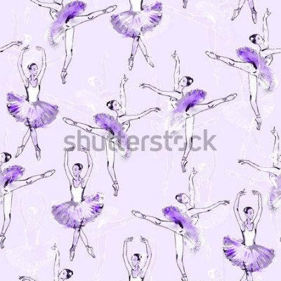 Tapete Ballerinas violetten Hintergrund. Nahtloses Muster von Balletttänzern, von Schwarzweiss-Zeichnung, von Aquarellmalerei, auf purpurrotem Hintergrund.