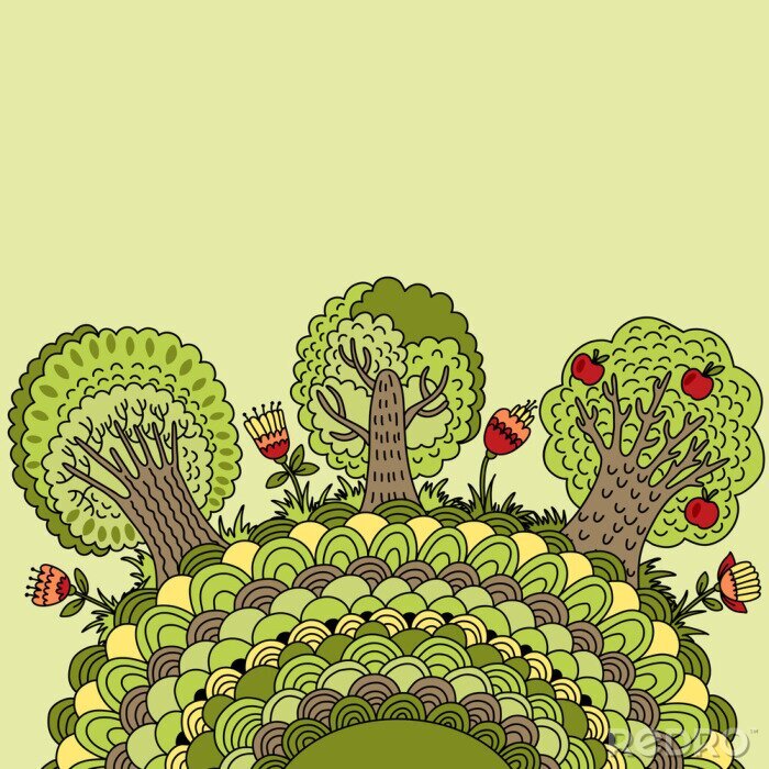 Tapete Banner mit Bäumen, Blumen und Platz für Ihren Text