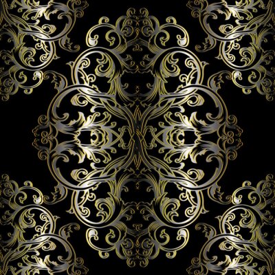 Tapete Barock nahtlose Muster. Schwarz floral Damast Hintergrund Tapeten Illustration mit Gold Vintage Blumen, Scroll Swirl Kunst Linie Blätter und antiken 3d barock Ornamente. Vector Oberfläche dunklen Text