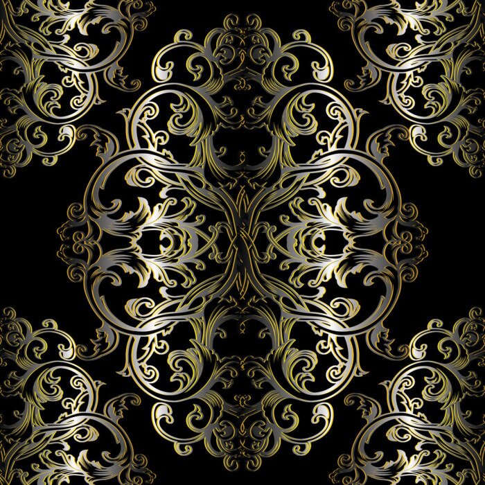 Tapete Barock nahtlose Muster. Schwarz floral Damast Hintergrund Tapeten Illustration mit Gold Vintage Blumen, Scroll Swirl Kunst Linie Blätter und antiken 3d barock Ornamente. Vector Oberfläche dunklen Text