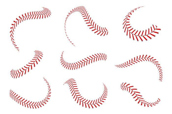Tapete Baseball Schnürsenkel gesetzt. Baseballstiche mit roten Fäden. Sportgrafische Elemente und nahtlose Pinsel. Rote Schnürsenkel und Stiche