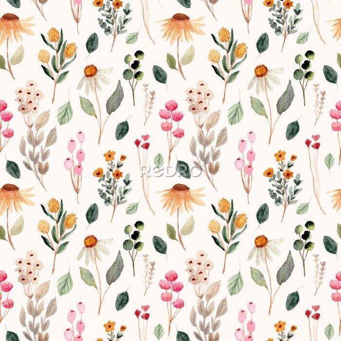 Tapete beautiful flower meadow watercolor seamless pattern