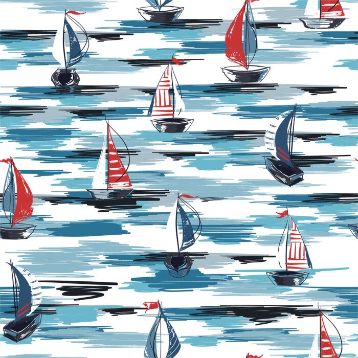 Tapete Beautiful Hand drawn brush summer boat,ship in the ocean seamless pattern vector