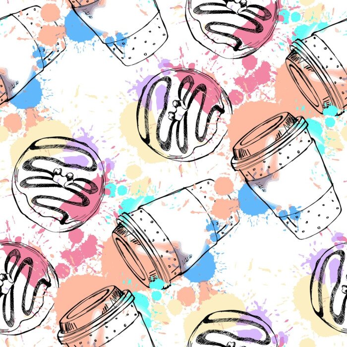 Tapete Beautiful hand drawn vector seamless pattern with coffee and donut.