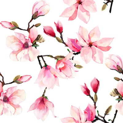 Tapete Beautiful lovely tender herbal wonderful floral summer pattern of a pink Japanese magnolia flowers watercolor hand illustration. Perfect for textile, wallpapers, invitation, wrapping paper, phone case