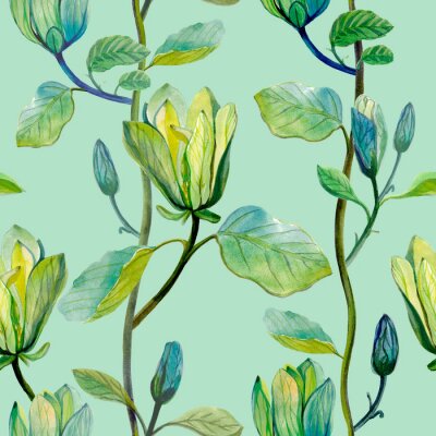 Tapete Beautiful magnolia flower tropical pattern. Seamless tropical pattern on  green mint background.