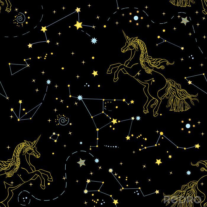 Tapete Beautiful seamless pattern with galaxy and linear contour unicorns on the black background. Vector illustration