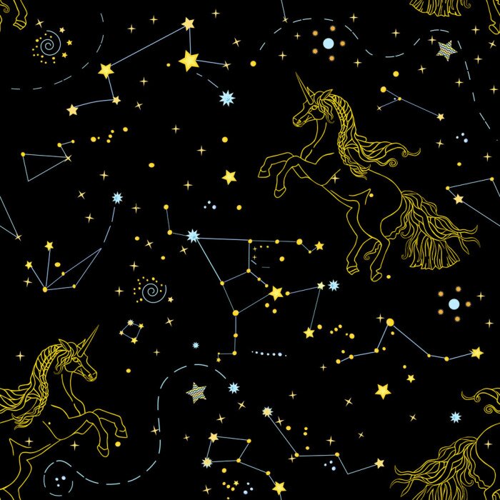 Tapete Beautiful seamless pattern with galaxy and linear contour unicorns on the black background. Vector illustration