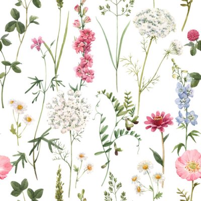 Tapete Beautiful vector floral summer seamless pattern with watercolor hand drawn field wild flowers. Stock illustration.