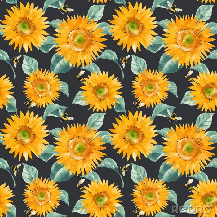 Tapete Beautiful vector seamless pattern with watercolor hand drawn sunflowers. Stock summer illustration.