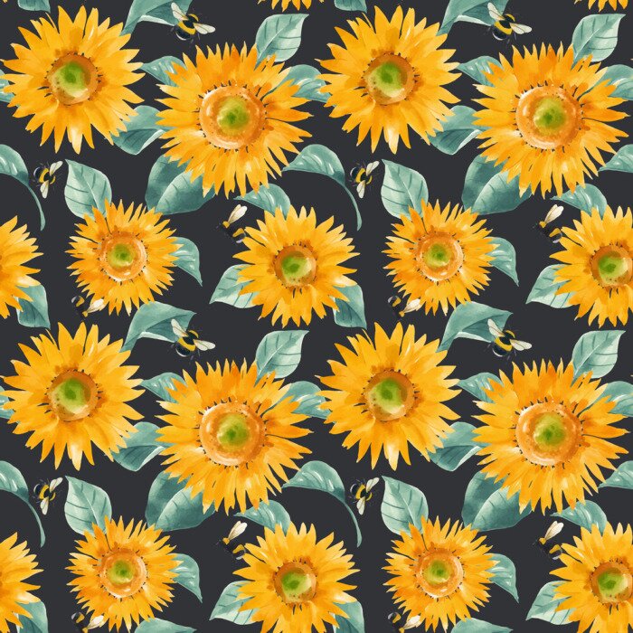Tapete Beautiful vector seamless pattern with watercolor hand drawn sunflowers. Stock summer illustration.