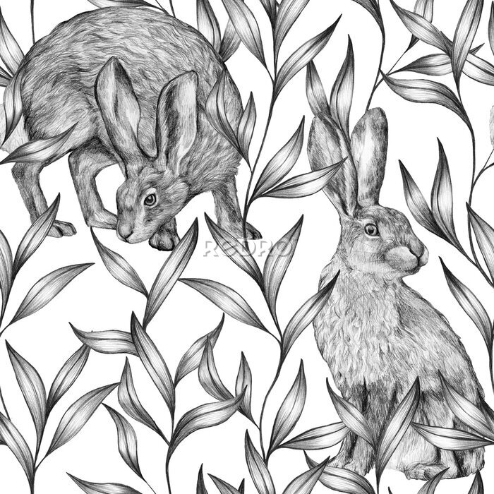 Tapete Beautiful vintage seamless pattern. Pencil sketch of hares and ornamental plants. Graphic drawing on a white background. Wild animals and plants. Bunny wallpaper. 