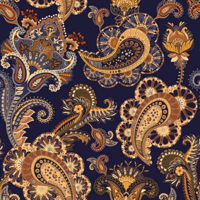 Tapete Beige blaue orientalische Blumen und Blätter