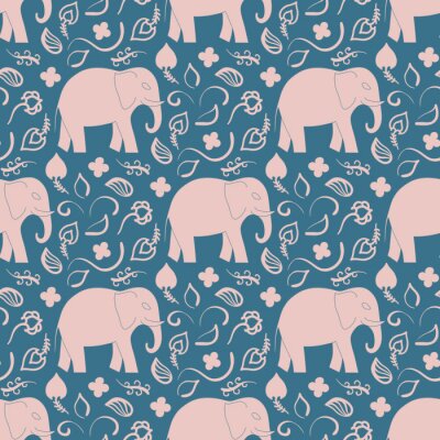 Tapete Beige Elefanten und Blätter auf blauem Hintergrund