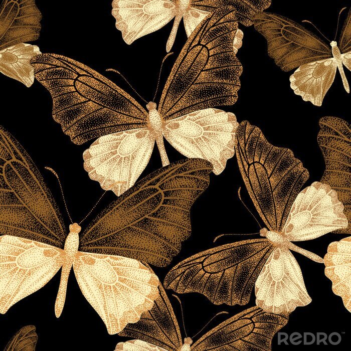Tapete Beige Schmetterlinge auf schwarzem Hintergrund