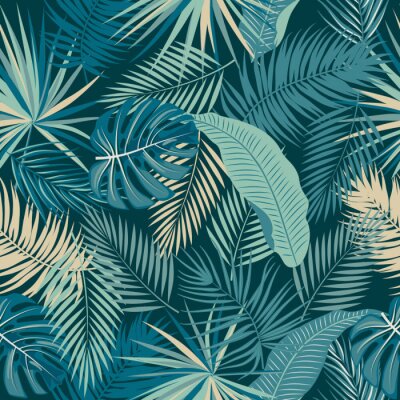 Tapete Beige und blaue tropische Blätter