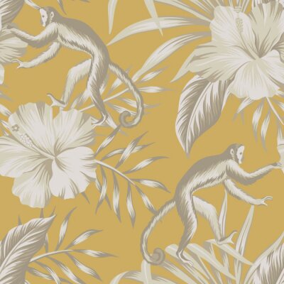 Tapete Beigefarbene Blumen und Affen auf gelbem Vintage-Hintergrund