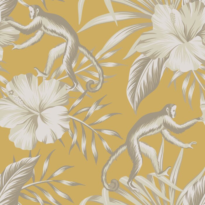 Tapete Beigefarbene Blumen und Affen auf gelbem Vintage-Hintergrund