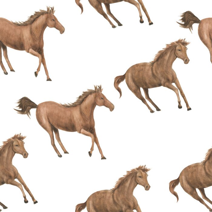 Tapete Bemalte braune Pferde auf weißem Hintergrund