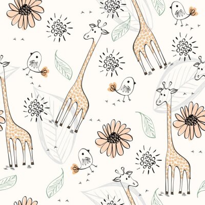 Bemalte Giraffen Vögel und Blätter