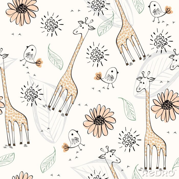Tapete Bemalte Giraffen Vögel und Blätter