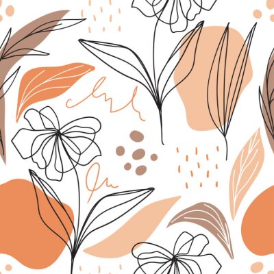 Tapete Bemalte skandinavische Blumen in Orangetönen