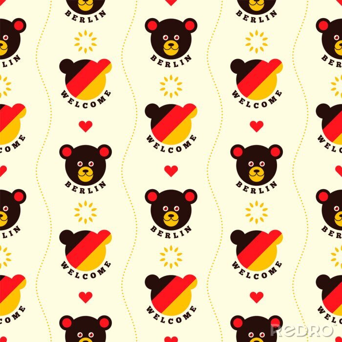 Tapete Berlin seamless patterns design, with comic bear and colors of German flag. Vector illustration.