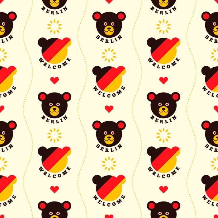Tapete Berlin seamless patterns design, with comic bear and colors of German flag. Vector illustration.