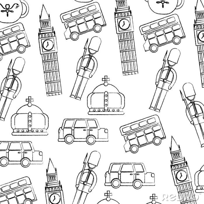 Tapete Bewachung Big Ben Doppel Decker Bus Krone London Vereinigtes Königreich Muster Bild Vektor Illustration Design schwarz skizzieren Linie