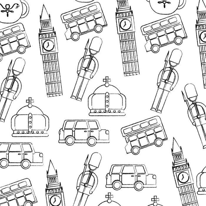 Tapete Bewachung Big Ben Doppel Decker Bus Krone London Vereinigtes Königreich Muster Bild Vektor Illustration Design schwarz skizzieren Linie