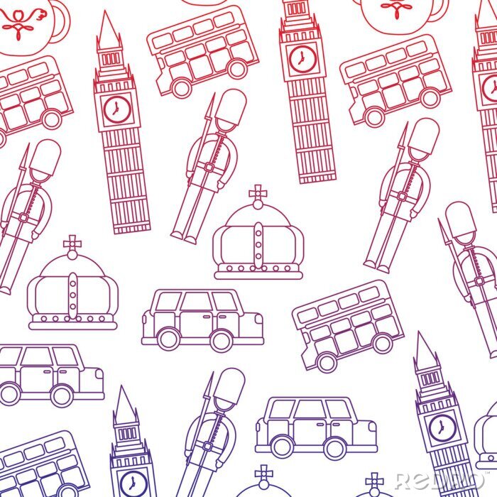 Tapete Bewachung Big Ben Doppeldecker Bus Krone London Vereinigtes Königreich Musterbild Vektor Illustration Design rot zu blau ombre Linie