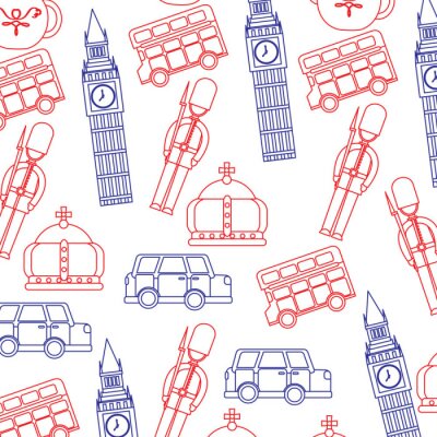 Tapete Bewachung Big Ben Doppeldecker Bus Krone London Vereinigtes Königreich Musterbild Vektor illustrationd Design blau rote Linie