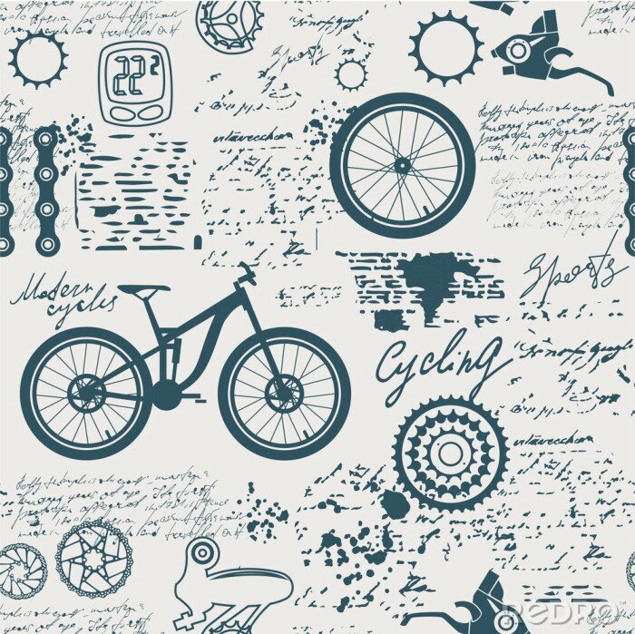 Tapete Bicycles.Vector abstrakte nahtlose Muster zum Thema Fahrräder, Abenteuer und Entdeckungen. Altes Manuskript mit Ersatzteilen und anderen Symbolen mit Flecken und Flecken im Vintage-Stil