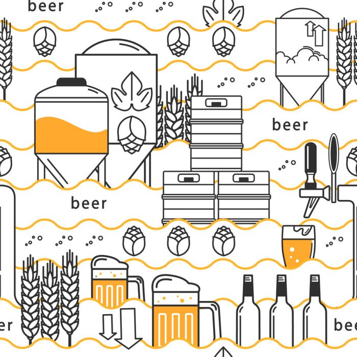 Tapete Bierhahn, Becher, Glas mit Bier, Fässer, Flaschen, Ausrüstung für Brauerei, Hopfen, Weizen. Lineare nahtlose Muster auf weißem Hintergrund. Vektor-Illustration.