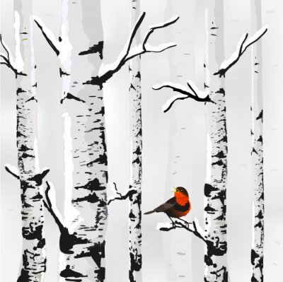 Birke im Schnee und Vögelchen