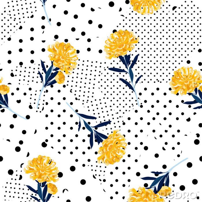 Tapete Black and white Polka dots pattern mix in different size of circle on top with bright summer oriental blooming yellow  flowers seamless pattern vector