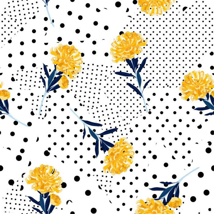 Tapete Black and white Polka dots pattern mix in different size of circle on top with bright summer oriental blooming yellow  flowers seamless pattern vector