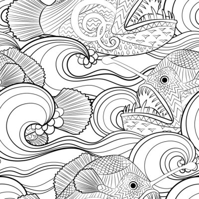 Tapete Black and white seamles oceanic pattern for coloring.