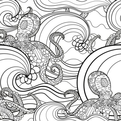 Tapete Black and white seamles oceanic pattern for coloring.