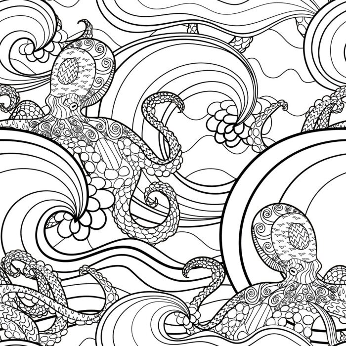 Tapete Black and white seamles oceanic pattern for coloring.