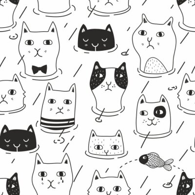 Tapete Black and white seamles pattern with cute cats in the pool.