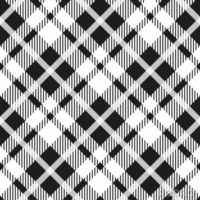 Tapete Black and white tartan diagonal seamless vector pattern Checkered plaid texture Geometrical simple square background for fabric, textile, cloth, clothing, shirts, shorts, dress blanket wrapping design